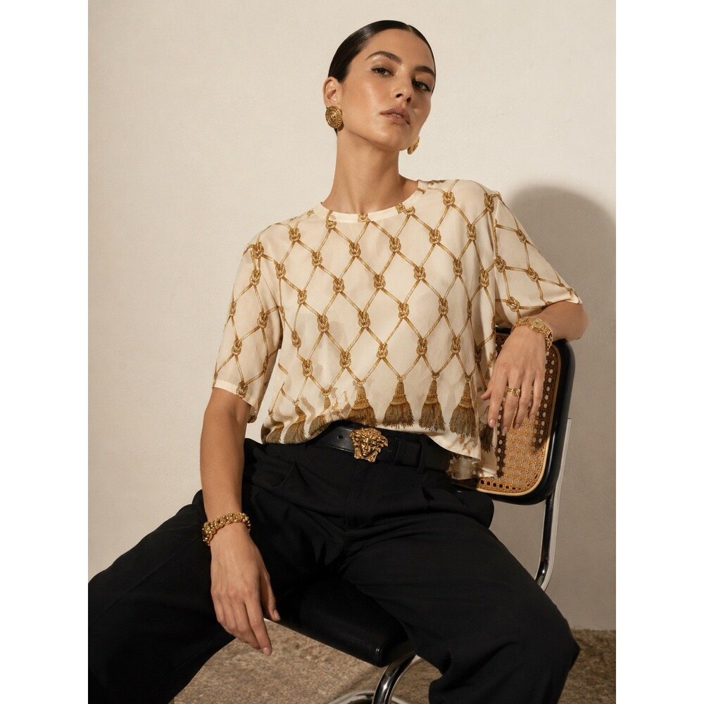 Vintage 1990s Genny Italy 100% Silk Rope Tassel Print Blouse M Equestrian Luxury